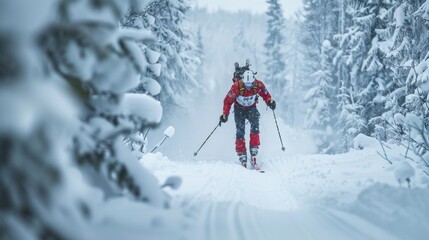 Professional Biathlete Skiing Through Snowy Forest with Rifle During Winter Competition