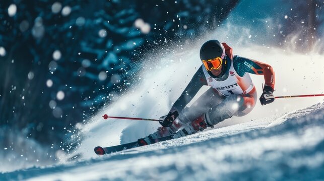 Professional Ski Racer Navigating a Slalom Course with Precision and Speed on a Snowy Mountain Slope