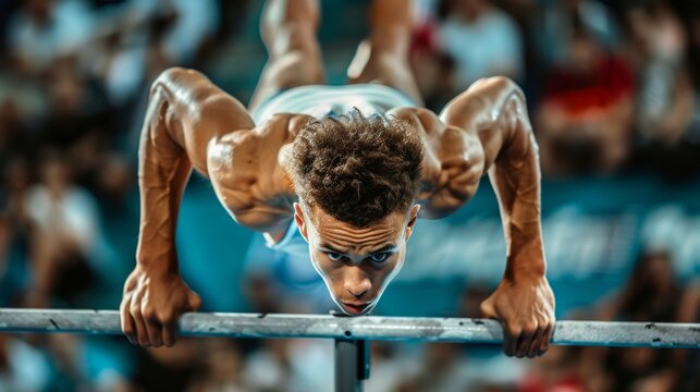 Professional Gymnast Performing on Parallel Bars Displaying Strength and Precision in a Competition Setting