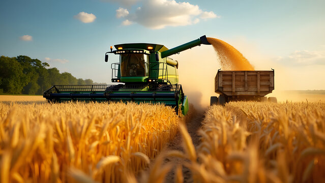 Unloading grains into truck by unloading auger. Combine harvesters cuts and threshes ripe wheat grain. Wheat harvesting on field in summer season. Process of gathering crop by agricultural machinery