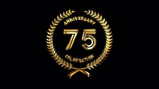 75th Anniversary Celebration. Happy 75 Years Anniversary Animation in Gold Color on the Transparent Background, Alpha Channel. Great for greetings, celebrations, events, and gifts.