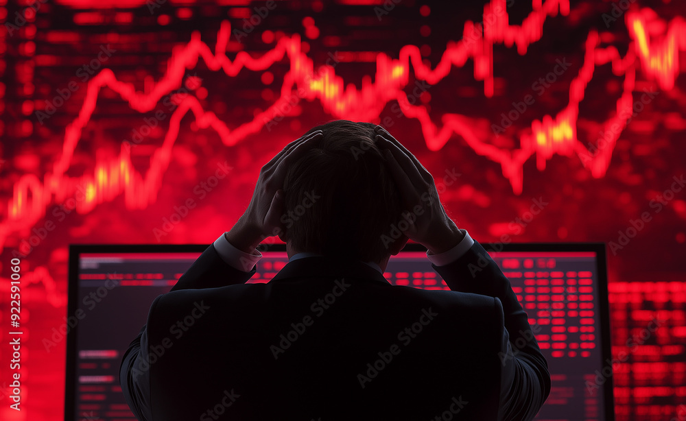 Poster stressed man looking at declining stock market graphs on a computer screen.