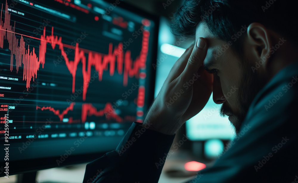 Aufkleber stressed man looking at declining stock market graphs on a computer screen.