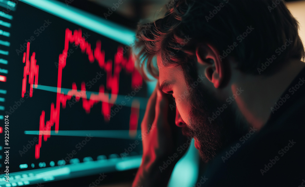 Aufkleber stressed man looking at declining stock market graphs on a computer screen.