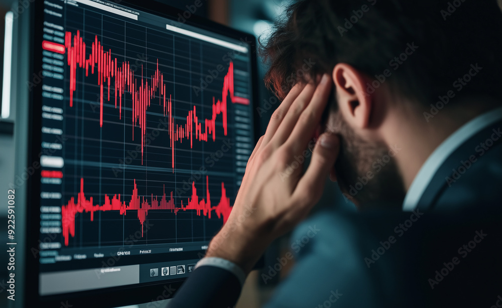 Aufkleber stressed man looking at declining stock market graphs on a computer screen.