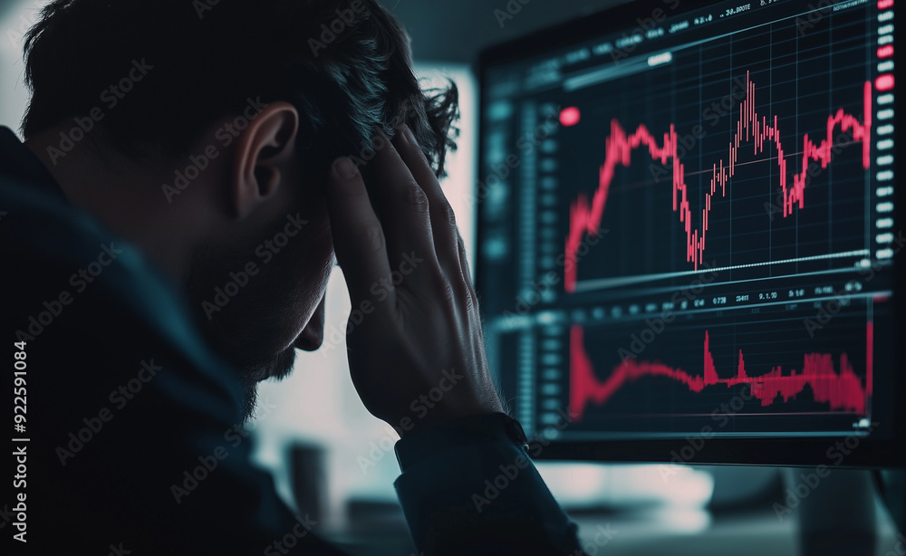 Aufkleber stressed man looking at declining stock market graphs on a computer screen.
