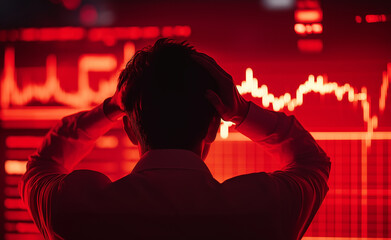 Stressed man looking at declining stock market graphs on a computer screen.