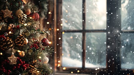 Cozy Cabin Christmas Tree with Natural Decor Overlooking Snowy Forest - Perfect for Holiday Designs