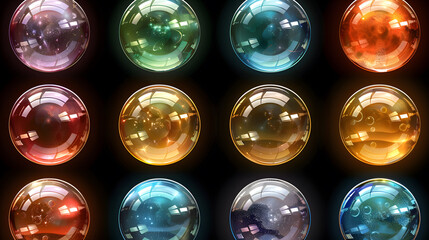 Set of round curved shapes of glowing neon color spheres isolated on black background technology