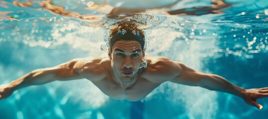 Fototapeta premium Professional Swimmer Performing Butterfly Stroke in Crystal Clear Pool for Sports Training Visuals