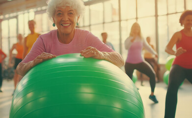 Fototapeta premium An elderly woman smiling while exercising with a green stability ball in a bright, sunlit fitness class.