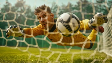 Professional Soccer Goalkeeper Making a Spectacular Diving Save in Mid-Air on the Field
