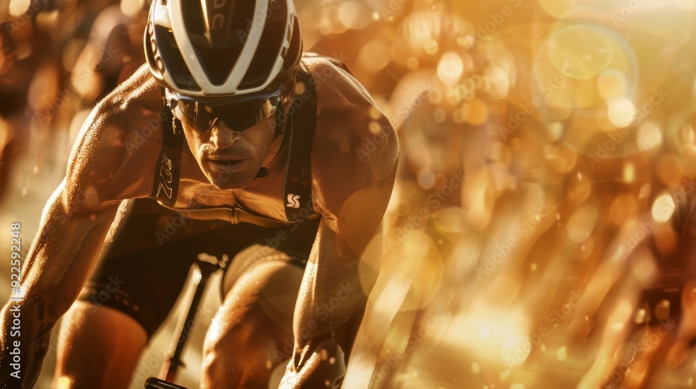 Poster professional triathlete transitioning from cycling to running in a dynamic triathlon race