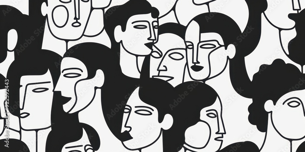 Poster black and white line drawing, a crowd of people with diverse faces the image depicts a group of indi