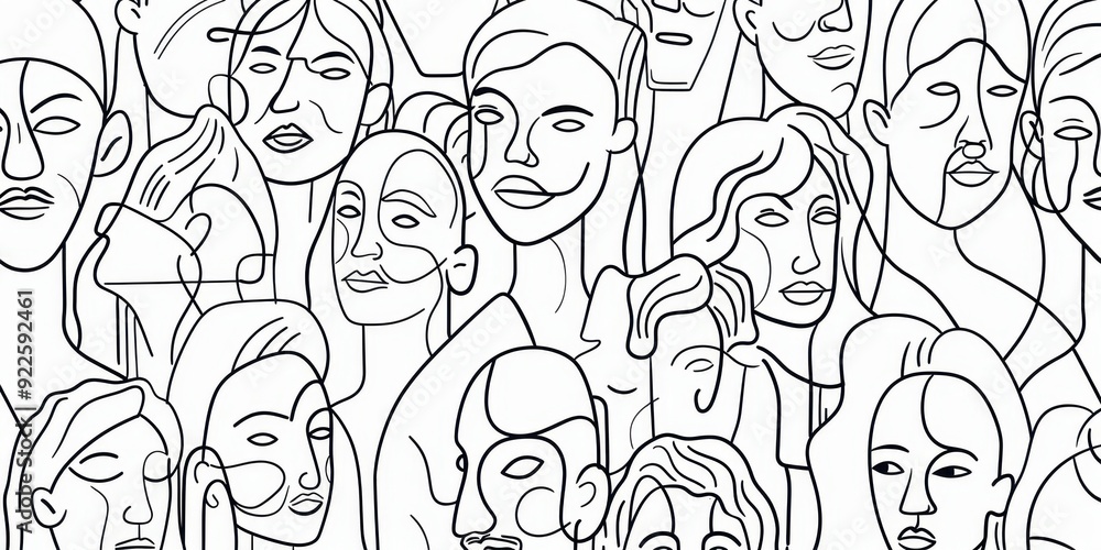 Poster black and white line drawing, a crowd of people with diverse faces the image depicts a group of indi
