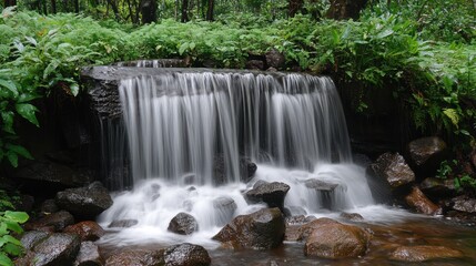 Obraz premium Serene Forest Waterfall with Lush Green Foliage