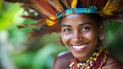 A beautiful New-Guinean guinean. Papua-New-Guinea. A beautiful New guinean. A vibrant portrait of a smiling woman adorned with traditional tribal accessories and colorful feathers, embodying cu. #wotw