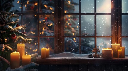 Serene Christmas Scene with Snowy Window View and Cozy Candlelit Decor for Holiday Cards and Posters
