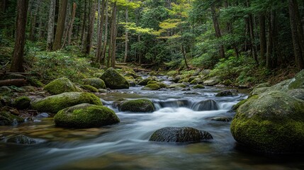 Obraz premium Serene Moss-Covered Rocks in Forest Stream