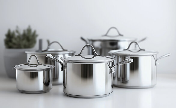 A set of shiny stainless steel pots and pans neatly arranged on a kitchen counter.