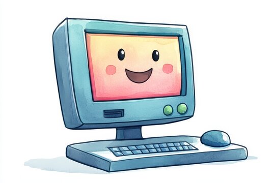 A cheerful cartoon computer with a smiling face on the screen, featuring a watercolor style.