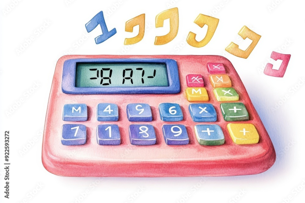 Poster a charming cartoon calculator with colorful buttons and floating numbers in a watercolor style.