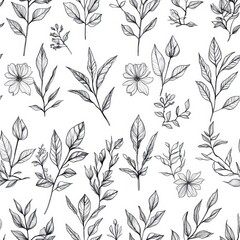 Elegant Monochrome Botanical Sketches - Seamless Floral Pattern
