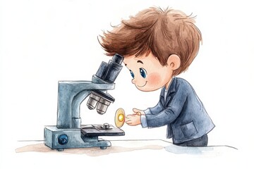 A cheerful cartoon boy with brown hair, smiling while using a microscope in a watercolor illustration.