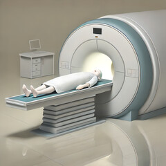 A photograph of the interior of an MRI room in hospital: Scanner and X-Ray room showcasing the large, cylindrical MRI machine.