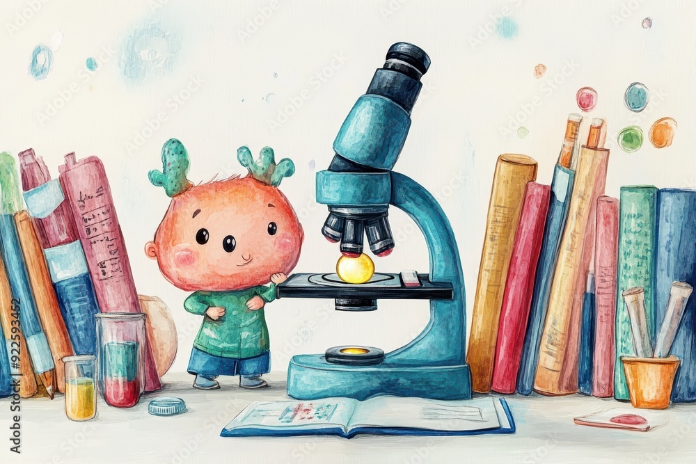 Poster artistic illustration of a cute cartoon character in a science lab setting, interacting with a micro
