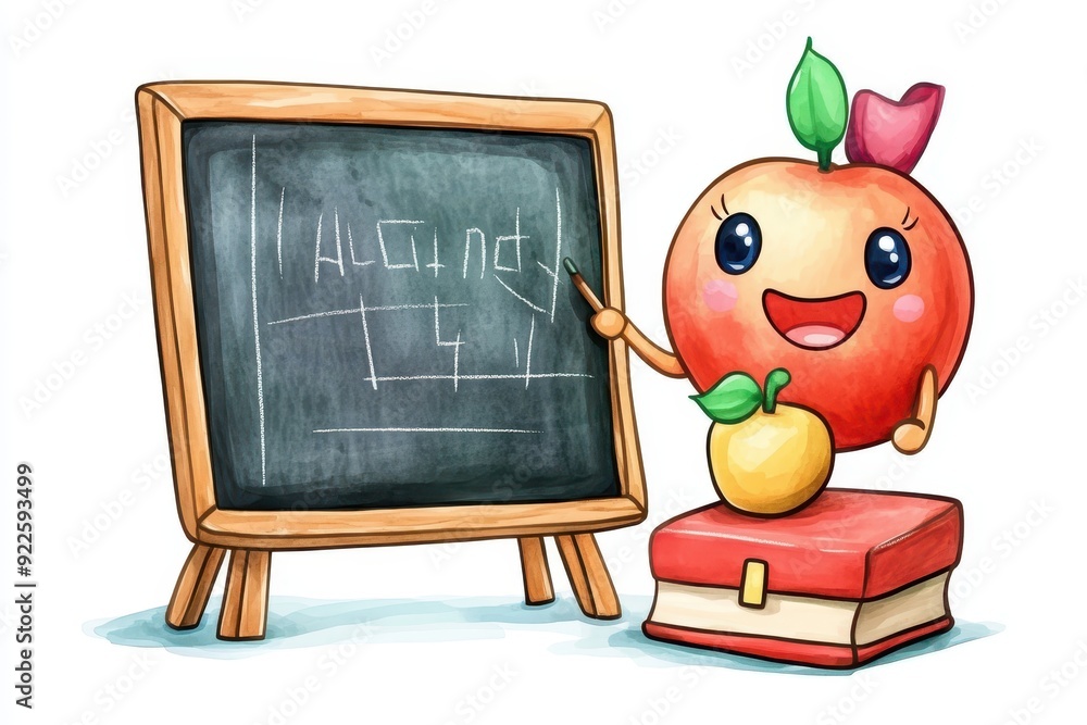 Poster a whimsical cartoon chalkboard with a smiling apple character teaching while holding a piece of chal