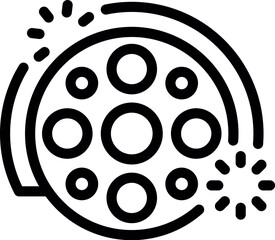 Simple black and white vector icon representing cinema industry with film reel and light effect