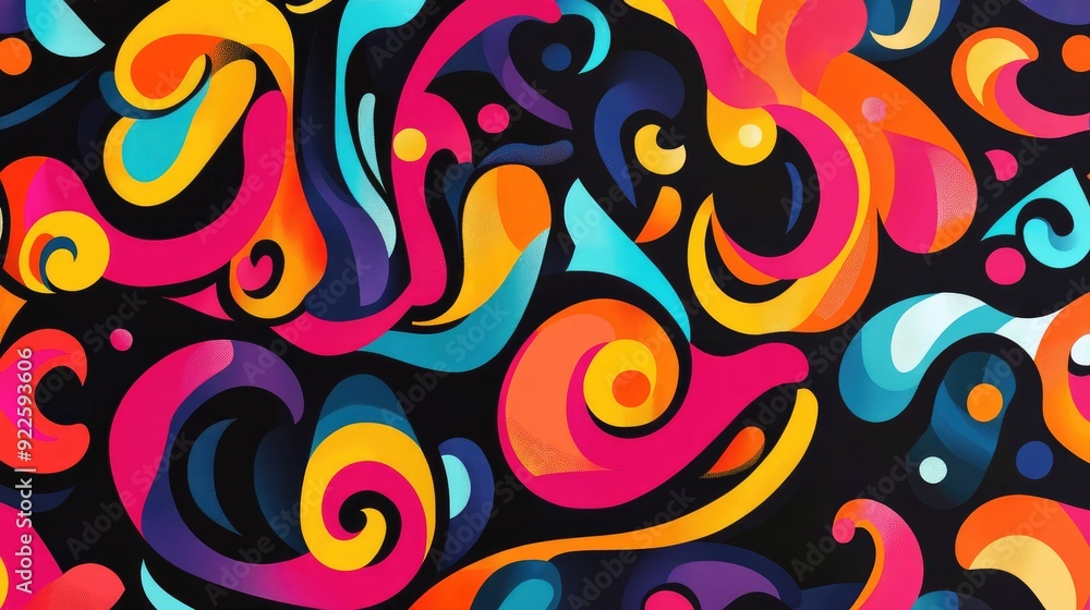 Poster bright and colorful sarong pattern featuring abstract shapes and swirls.
