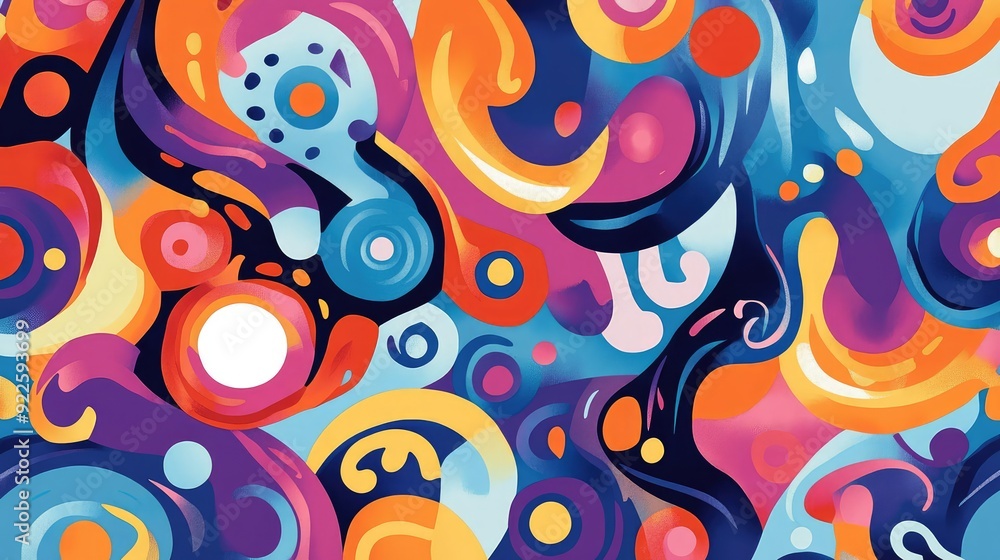 Poster bright and colorful sarong pattern featuring abstract shapes and swirls.