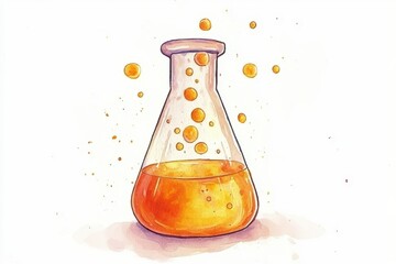 A cartoon illustration of a glass beaker with bubbling orange liquid inside, surrounded by floating bubbles, rendered in a vibrant watercolor style.