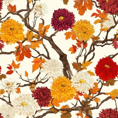 Autumnal Chrysanthemum Elegance: Floral Vintage Illustration