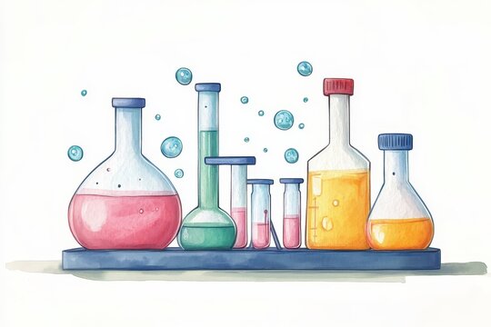 A whimsical illustration featuring various colored laboratory glassware with different liquids and bubbles rising above them, representing a fun chemistry setup.
