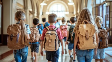 Back to school. A group of schoolchildren with backpacks walk along the school corridor during recess. Education and science concept.