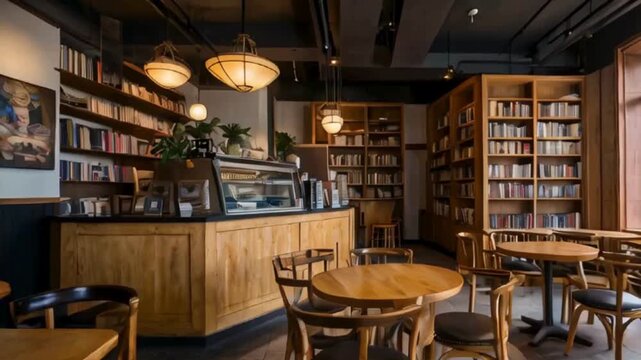  Modern Cafe Interior with Bookshelves and Tables