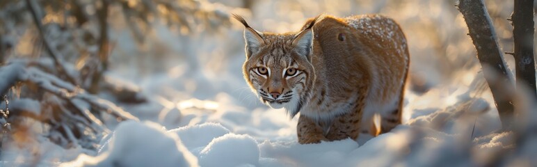 Obraz premium A lynx stalks through a snowy forest