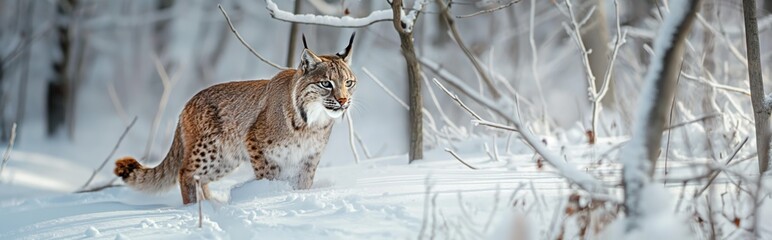 Obraz premium A lynx stalks through a snowy forest