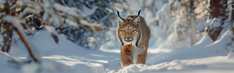 Naklejka premium A lynx stalks through a snowy forest