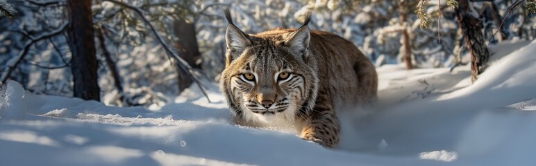 A lynx stalks through a snowy forest
