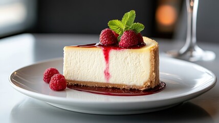 Whole New York-style cheesecake with a generous raspberry drizzle and scattered fresh raspberries...