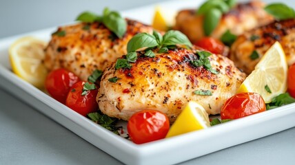 Crispy roasted chicken with lemon and grape tomatoes, accented with basil and cilantro, on a decorative white platter with red pepper flakes.