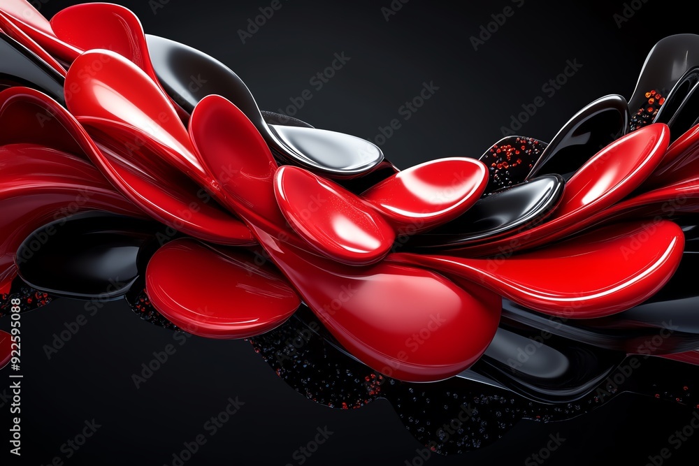 Poster vibrant red and black abstract shapes creating a dynamic, fluid, and modern design against a dark ba