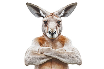 Isolated very muscular strong kangaroo with arms folded on transparent background