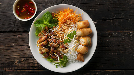 Bun cha gio with fresh vegetables and nuoc cham sauce on a plate is ready to be savored