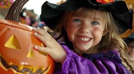 child dressed in white holding an orange plastic pumpkin