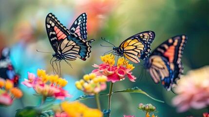 Obraz premium Three Butterflies on Flowers